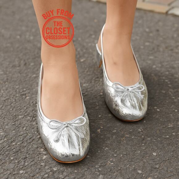 β¨ MANGO Metallic Silver Slingback Heels NWT | Bow Block Heel 8.5 / 39 - Picture 3 of 13
